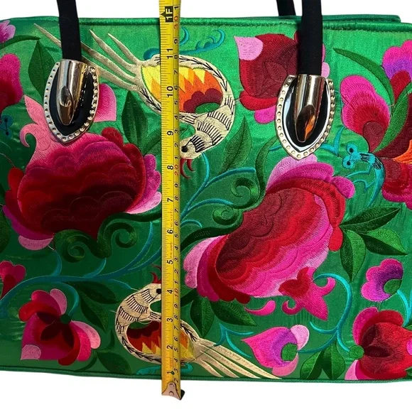 Handcrafted Floral Embroidered Shoulder Green Tote Bag – Unbranded, New - Picture 10 of 11